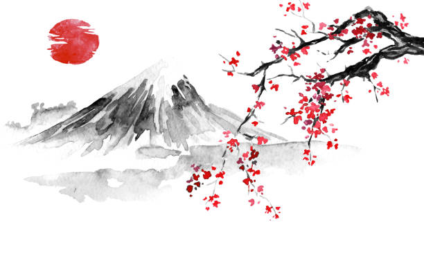 japan traditionell sumi-e malerei. tusche-abbildung. japanische bild. sakura, sonne und berge - japan nautical vessel sakura tokyo prefecture stock-grafiken, -clipart, -cartoons und -symbole