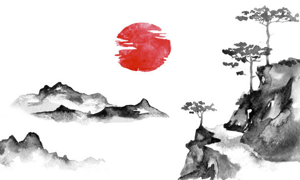 illustrations, cliparts, dessins animés et icônes de peinture traditionnelle sumi-e japon. illustration de l’encre de chine. photo japonais. soleil et des montagnes - sakura traditional culture japanese culture japan