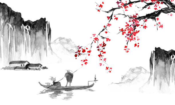 japan traditionell sumi-e malerei. tusche-abbildung. japanische bild. mann, boot, sakura, berge - japan nautical vessel sakura tokyo prefecture stock-grafiken, -clipart, -cartoons und -symbole