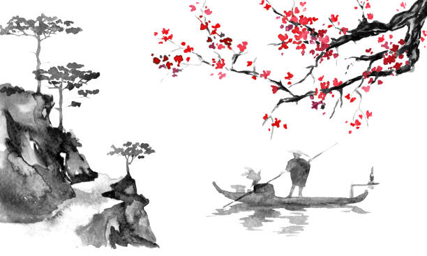 ilustraciones, imágenes clip art, dibujos animados e iconos de stock de pintura sumi-e tradicional de japón. ilustración en tinta china. hombre y barco. atardecer, anochecer. cuadro japon. - típico oriental