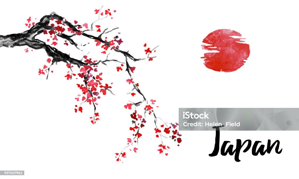 Ilustración de Pintura Sumie De Japón Sakura Flor De Cerezo En Tinta China Cuadro y más Vectores Libres de Derechos de Cultura - iStock