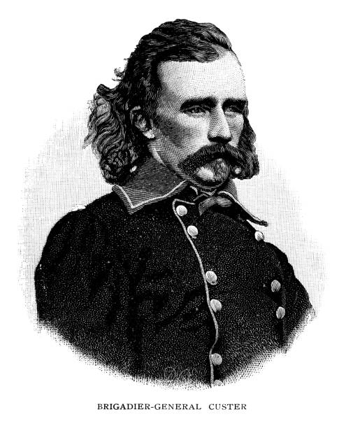 ilustraciones, imágenes clip art, dibujos animados e iconos de stock de general de brigada general george armstrong custer - civil war general engraving men