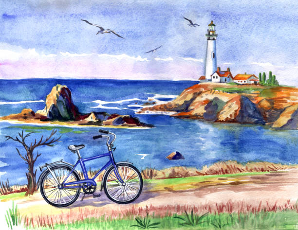 ilustrações, clipart, desenhos animados e ícones de paisagem marinha com um farol - lighthouse storm sea panoramic