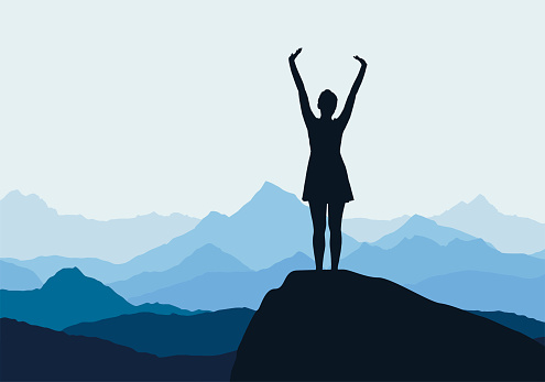 Young girl standing on rock and enjoying success in mountain landscape - vector