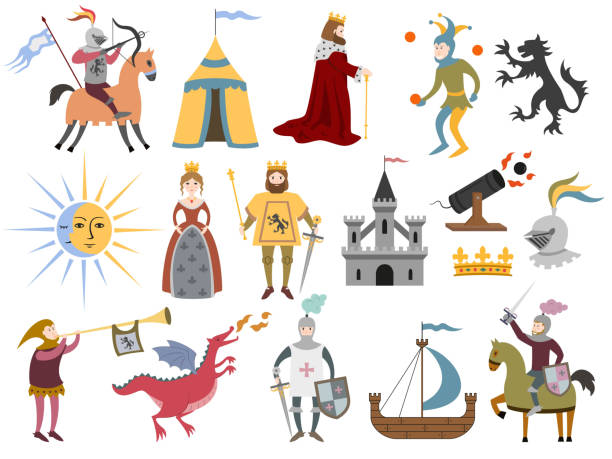 illustrazioni stock, clip art, cartoni animati e icone di tendenza di grande set di personaggi medievali dei cartoni animati e attributi medievali. - drago personaggio fantastico