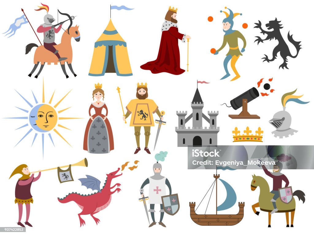 Big set of cartoon medieval characters and medieval attributes. Big set of cartoon medieval characters and medieval attributes on white background. Vector illustration. Medieval stock vector