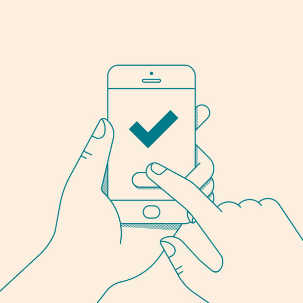 Hand holding smartphone with green check mark. Vector illustration in flat line style Hand holding smartphone with green check mark. Vector illustration in flat line styleHand holding smartphone with green check mark. Vector illustration in flat line style phone paying stock illustrations