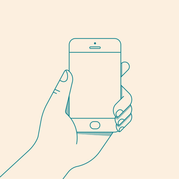 ilustraciones, imágenes clip art, dibujos animados e iconos de stock de mano sosteniendo el smartphone con la pantalla en blanco. ilustración de vector de estilo de línea plana - hand holding phone