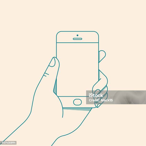 Hand Holding Smartphone With Blank Screen Vector Illustration In Flat Line Style Stock Illustration - Download Image Now