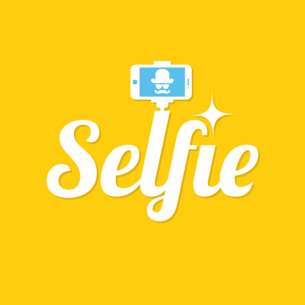 복용 selfie 사진입니다. selfie 스틱 디자인 개념입니다. 노란색 바탕에 selfie 상표입니다. 벡터 일러스트 레이 션 - 셀카 stock illustrations