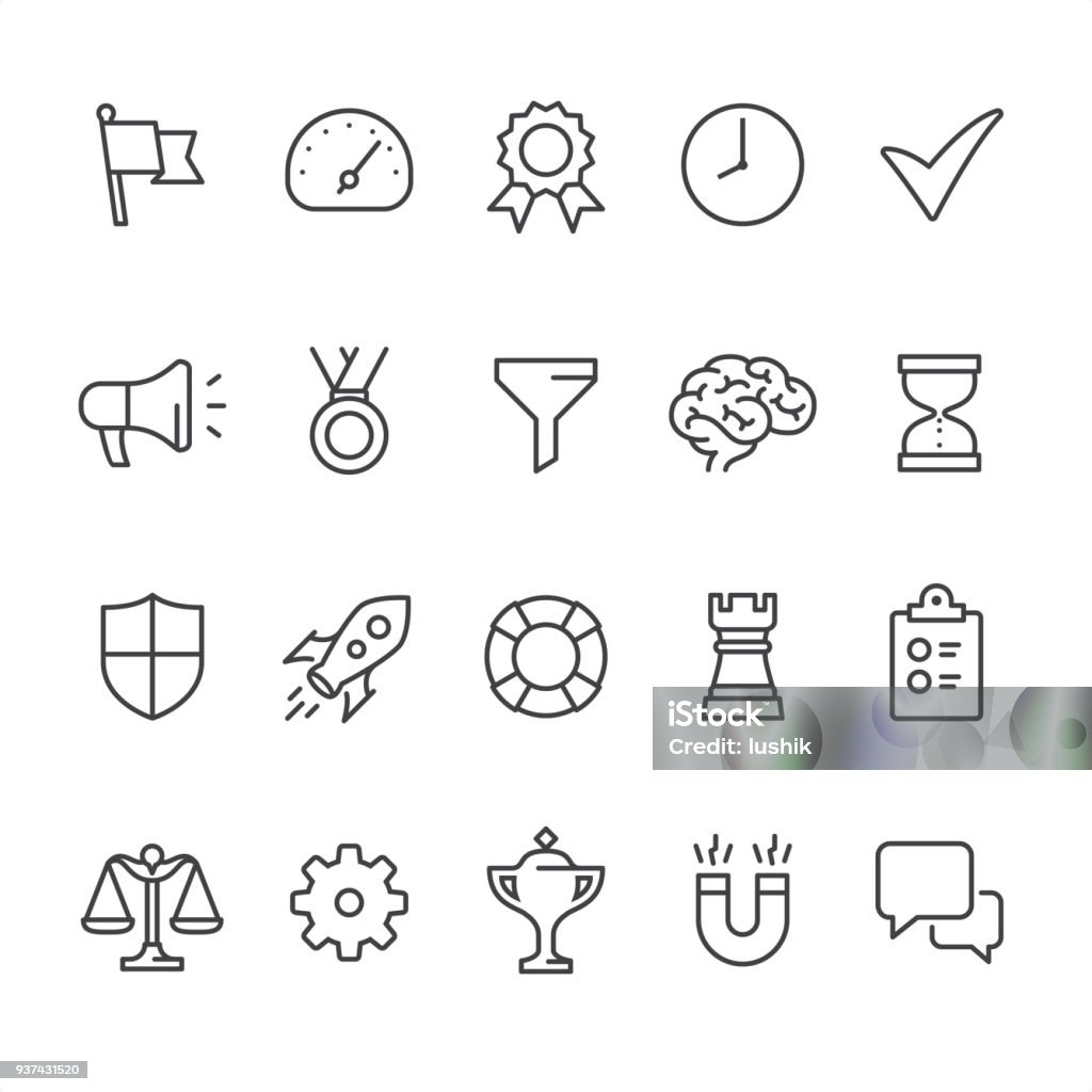 Management theme - outline vector icons 20 Outline style black and white icons / Set #44
Pixel Perfect Principle - all the icons are designed in 64x64px grid, outline stroke 2px.

Management set,
CONTENT BY ROWS

First row of outline icons contains: 
Flag icon, Gauge, Quality Control, Time Management, Done Check Mark;

Second row contains: 
Presentation Megaphone, Medal icon, Separating Funnel, Brainstorming, Hourglass icon;

Third row contains: 
Shield icon, Start up, Buoy icon, Chess Rook, Checklist;

Fourth row contains: 
Scales of Justice, Gear icon, Trophy, Horseshoe Magnet, Chat Bubble.

Complete Unico PRO collection - https://www.istockphoto.com/collaboration/boards/dB-NuEl7GUGbQYmVq9IlDg Icon Symbol stock vector