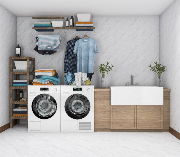 3d rendering washing machine in vintage laundry room stock photo