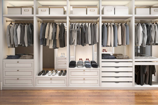 istock 3d rendering modern scandinavian white wood walk in closet with wardrobe 937434880