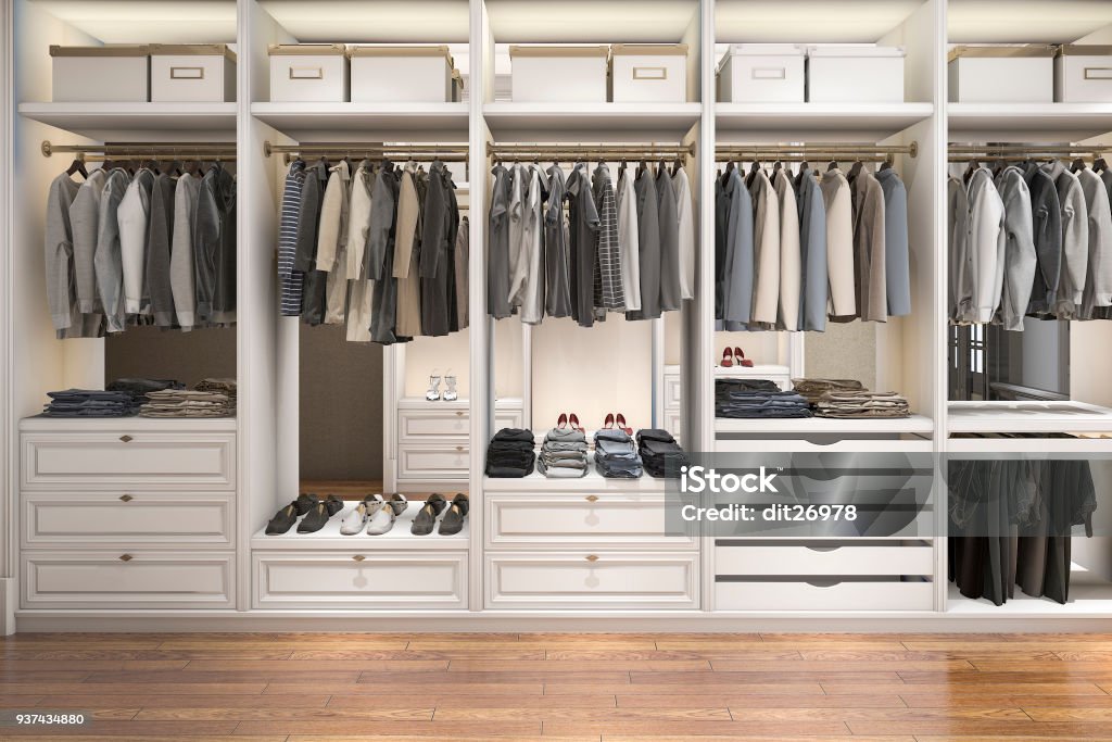 3d rendering modern scandinavian white wood walk in closet with wardrobe 3d rendering interior and exterior design Closet Stock Photo
