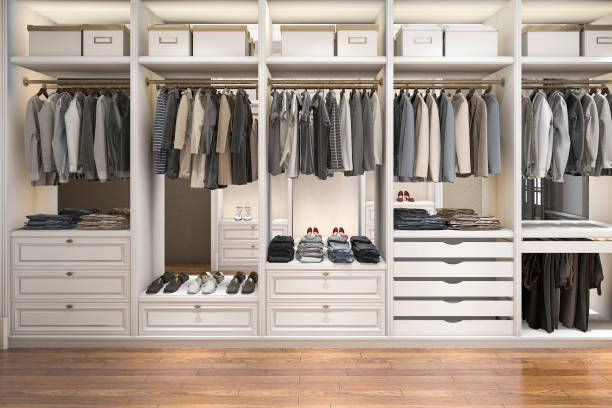 3d rendering modern scandinavian white wood walk in closet with wardrobe stock photo
