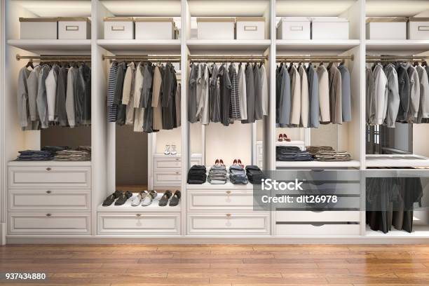 3d Rendering Modern Scandinavian White Wood Walk In Closet With Wardrobe Stock Photo - Download Image Now