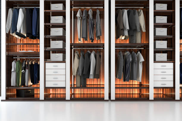 istock 3d rendering modern scandinavian white wood walk in closet with wardrobe 937434890