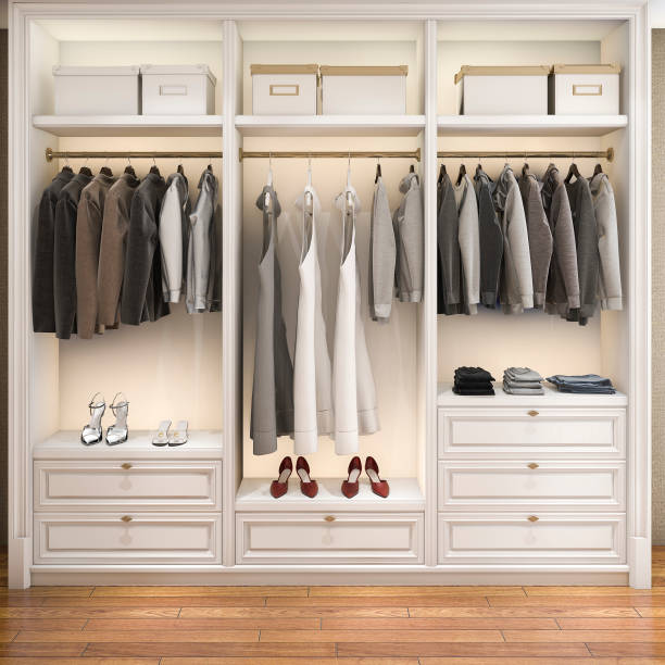 istock 3d rendering modern scandinavian white wood walk in closet with wardrobe 937434914