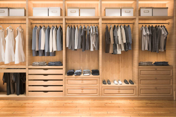 istock 3d rendering modern scandinavian white wood walk in closet with wardrobe 937434938