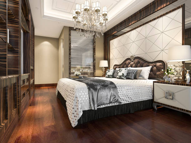 istock 3d rendering wood classic bedroom suite with bookshelf and bathroom 937434946
