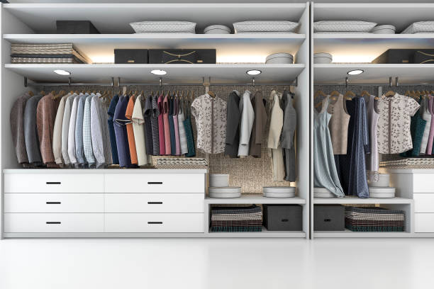 istock 3d rendering modern scandinavian white wood walk in closet with wardrobe 937434950