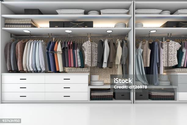 3d Rendering Modern Scandinavian White Wood Walk In Closet With Wardrobe Stock Photo - Download Image Now