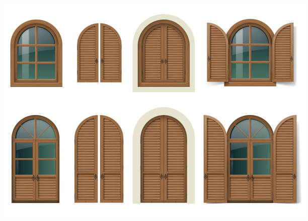 Wooden window and doors with shutters Vintage wooden window and door with shutters. Mediterranean style. Traditional architecture. Vector graphics. Item set. shutter door stock illustrations