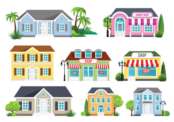 ilustraciones, imágenes clip art, dibujos animados e iconos de stock de conjunto de casas - facade