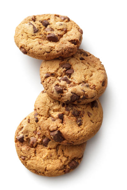 페이스트리 : 초콜릿 칩 쿠키 고립 흰색 배경 - chocolate chip chocolate chip cookie cookie brown 뉴스 사진 이미지