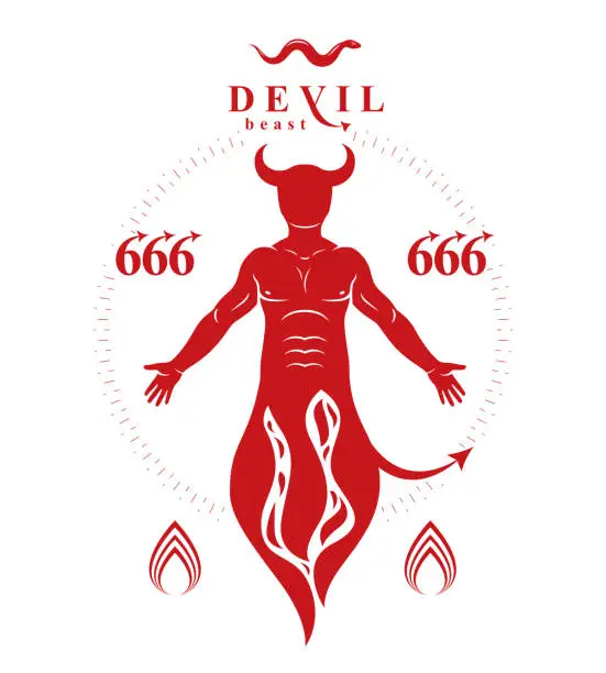 Vector illustration of Vector graphic illustration of muscular human derives from fire. Mystic infernal demon, horned Lucifer, evil forces.