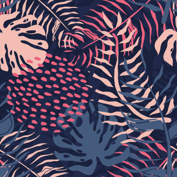 illustrations, cliparts, dessins animés et icônes de feuilles de tropical modèle sans couture avec palme. motif floral d’été avec des feuilles de palmier rose et feuillage monstera sur modèle background.seamless sombre pour l’industrie textile - seamless backgrounds pink pattern