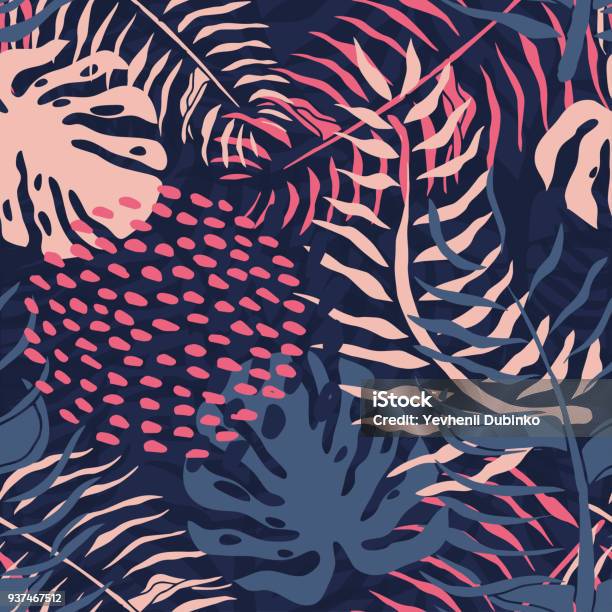 Tropical Seamless Pattern With Palm Leaves Summer Floral Pattern With Pink Palm Leaves And Monstera Foliage On Dark Backgroundseamless Pattern For Textile Industry Stock Illustration - Download Image Now