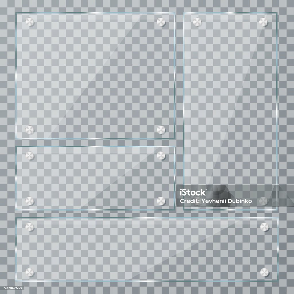 背景が透明なガラス プレート。金属クランプで空の現実的なアクリル プレート - ガラスのロイヤリティフリーベクトルアート