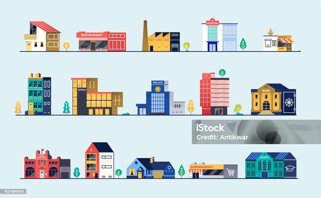 Set of city buildings Set of city buildings. Bank, hospital, fire station, police station, shops and restaurants. Vector illustration Building Exterior stock vector