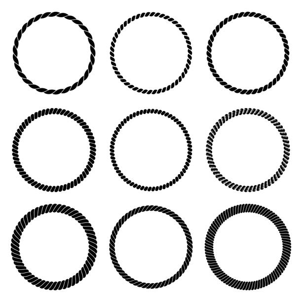 ilustrações de stock, clip art, desenhos animados e ícones de vector set of round black monochrome rope frame in marine style. collection of thick and thin circles isolated on the white background consisting of braided cord - cordão