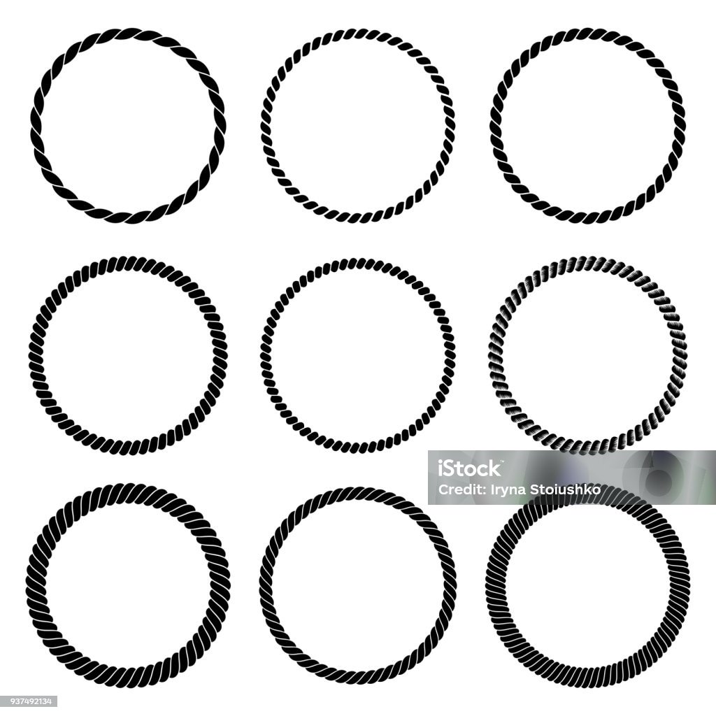 Vector set of round black monochrome rope frame in marine style. Collection of thick and thin circles isolated on the white background consisting of braided cord Vector set of round black monochrome rope frame. Collection of thick and thin circles isolated on the white background consisting of braided cord. For decoration and design in marine style Rope stock vector