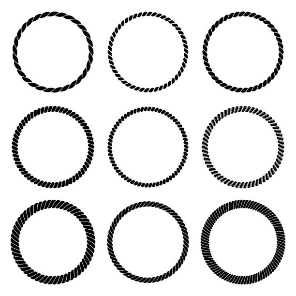 Vector set of round black monochrome rope frame in marine style. Collection of thick and thin circles isolated on the white background consisting of braided cord Vector set of round black monochrome rope frame. Collection of thick and thin circles isolated on the white background consisting of braided cord. For decoration and design in marine style circle borders stock illustrations