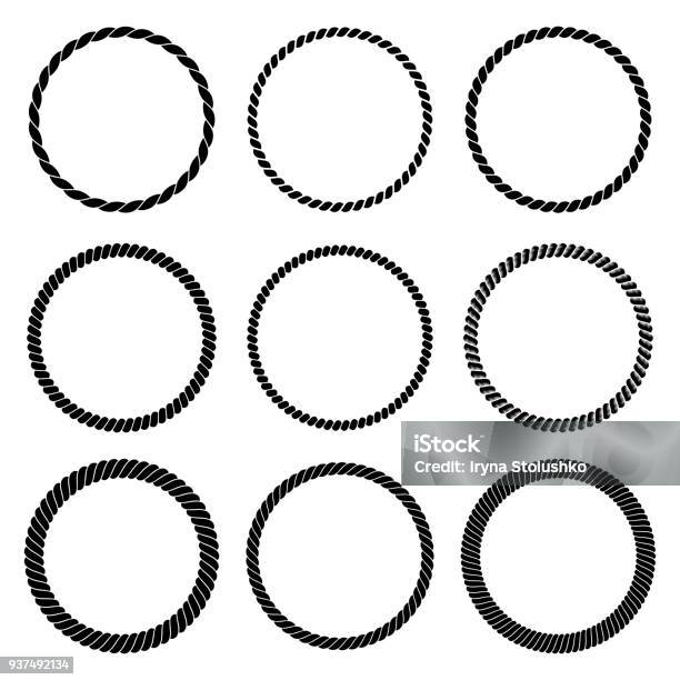 Vector Set Of Round Black Monochrome Rope Frame In Marine Style Collection Of Thick And Thin Circles Isolated On The White Background Consisting Of Braided Cord Stock Illustration - Download Image Now