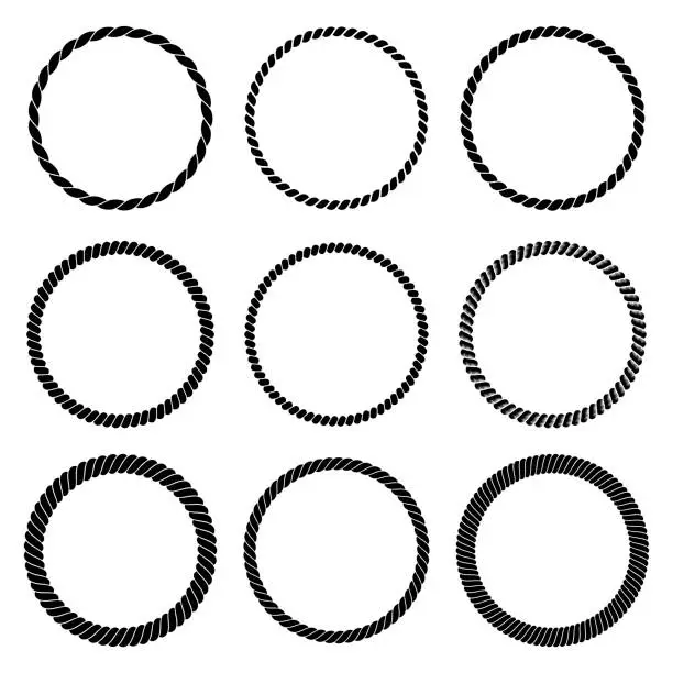 Vector illustration of Vector set of round black monochrome rope frame in marine style. Collection of thick and thin circles isolated on the white background consisting of braided cord