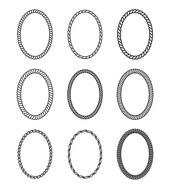 Vector illustration of Vector rope set of oval frames. Collection of thick and thin borders isolated on white background, consisting of braided cord and string