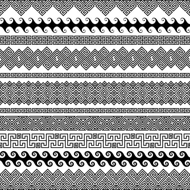 zestaw nowoczesnych bezszwowych pędzli wektorowych do tworzenia ramek - pattern seamless backgrounds greek culture stock illustrations