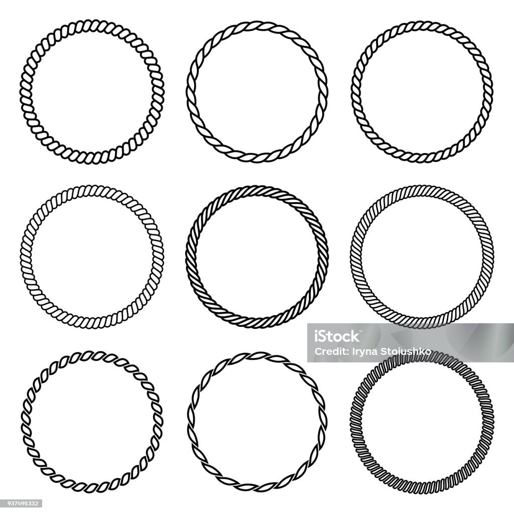 Vector set of round rope frame in marine style. Collection of thick and thin circles isolated on the white background consisting of braided cord and string Vector set of round rope frame. Collection of thick and thin circles isolated on the white background consisting of braided cord and string. For decoration and design in marine style Circle stock vector