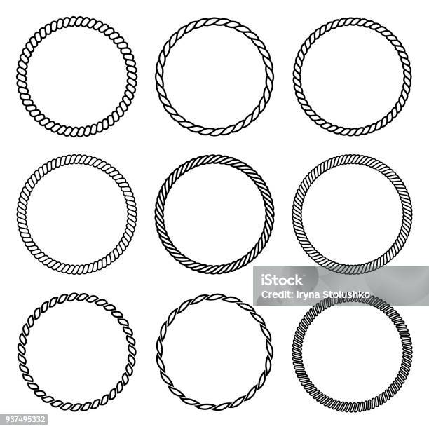 Vector Set Of Round Rope Frame In Marine Style Collection Of Thick And Thin Circles Isolated On The White Background Consisting Of Braided Cord And String Stock Illustration - Download Image Now