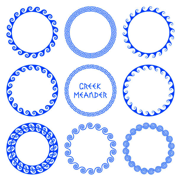 Vector set of round greek frames 3 Vector set of round frames in Greek style with elements of sea waves isolated on white background. Traditional retro ethnic ornament of greece for design and decoration of text, plates. Native wavy mediterranean pattern greek culture stock illustrations