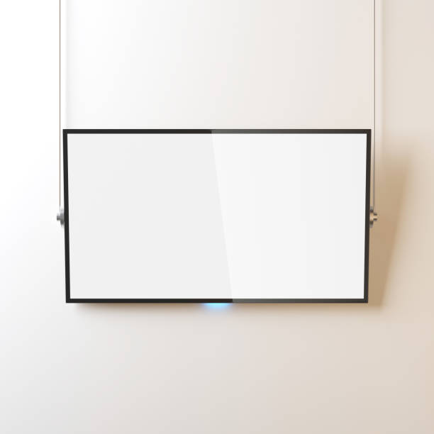 istock Modern Smart TV panel Mockup with white screen hanging on the wall by ropes 937510822