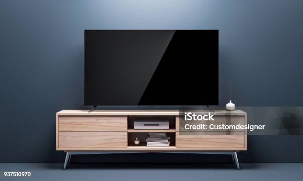 Smart Tv Mockup Mit Schwarzen Hochglanzbildschirm Auf Konsole Im Wohnzimmer Stockfoto und mehr Bilder von Fernseher