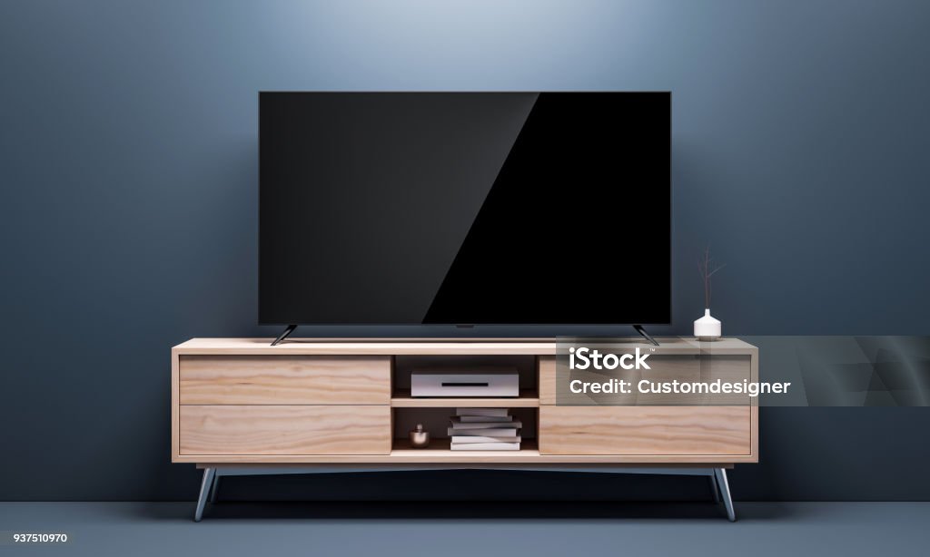 Smart Tv Mockup with black glossy screen on console in living room Smart Tv Mockup with black glossy screen on console in living room. 3d rendering Television Set Stock Photo