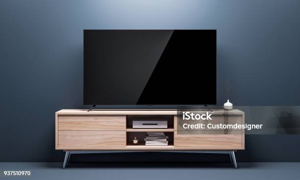 Smart Tv Mockup With Black Glossy Screen On Console In Living Room Stock Photo - Download Image Now