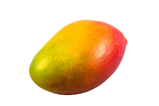 Ripe red and yellow mango isolated on a white background. Beautiful exotic fruit. Dietary food. Delicious dessert food.