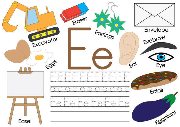 brief e. englischen alphabet. verbinde die punkte. lernspiel für kinder. - connect the dots englische redewendung stock-grafiken, -clipart, -cartoons und -symbole